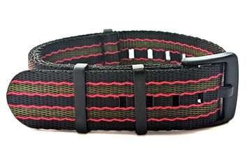 Black, Red and Green seatbelt NATO strap with black PVD buckles