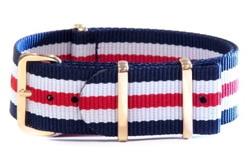 16mm Navy, White and Red NATO strap with rose gold buckles