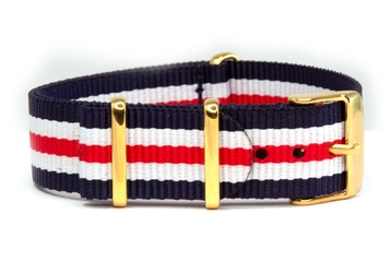18mm Navy, White and Red NATO strap with rose gold buckles