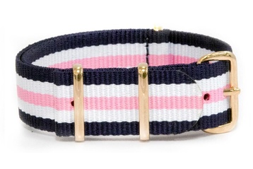 Blue, White and Pink NATO strap with rose gold buckles